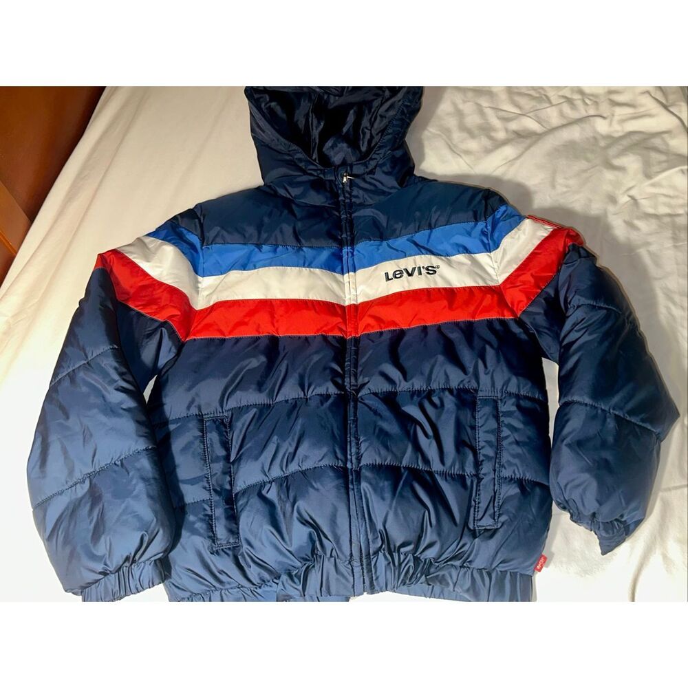 Vtg Levi's Boys Puffer Jacket Blue Water Resistant Hooded Small 8-10 Years patch